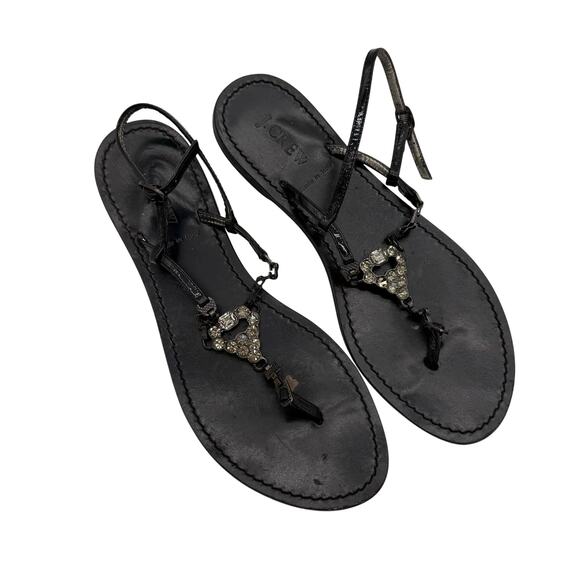 J. Crew Jeweled Italian Leather Capri Black Sandals Strappy Thong Slide 8 - Picture 1 of 3